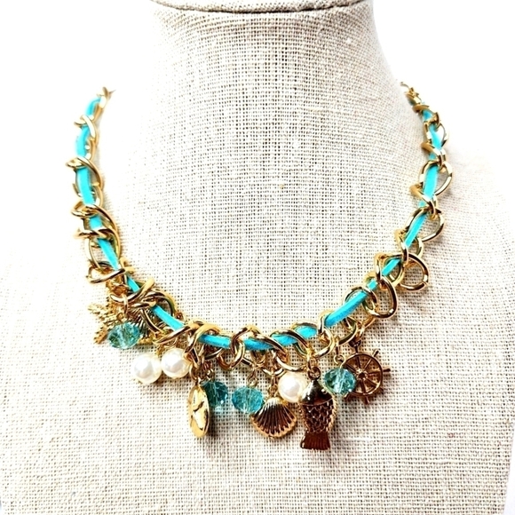 NEW PERIWINKLE BY BARLOW NECKLACE GOLD AQUA COASTAL BEACH PEARLS VACATION - Picture 1 of 10